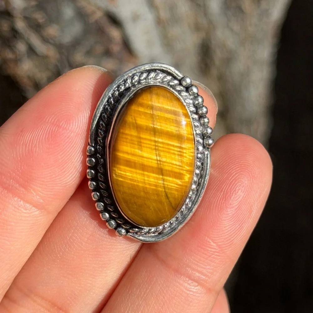 Size 6.5 925 silver plated flashy tiger eye‎ ring 0944